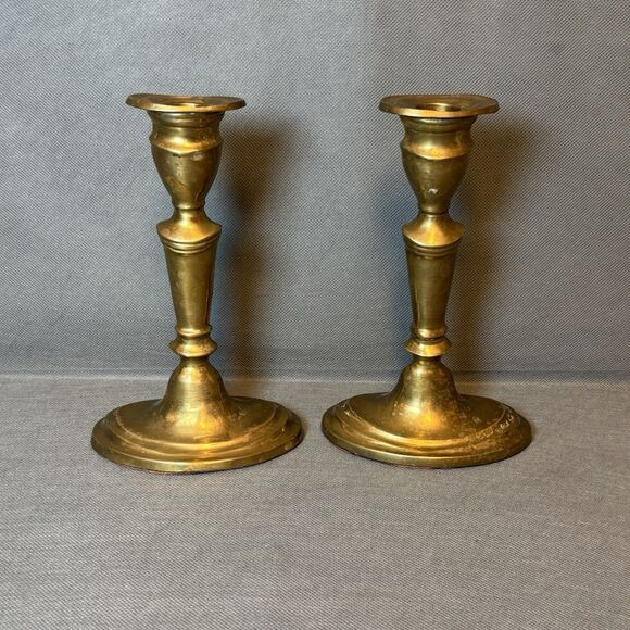 Antique Pair of Brass Candlestick Holders Primitive Metal Work Mantel Decor - Picture 3 of 8